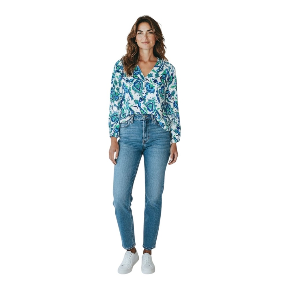 Liz Claiborne Women's Med Green Blue Paisley Print  Cruise 1/4 Button‎ Tunic Top